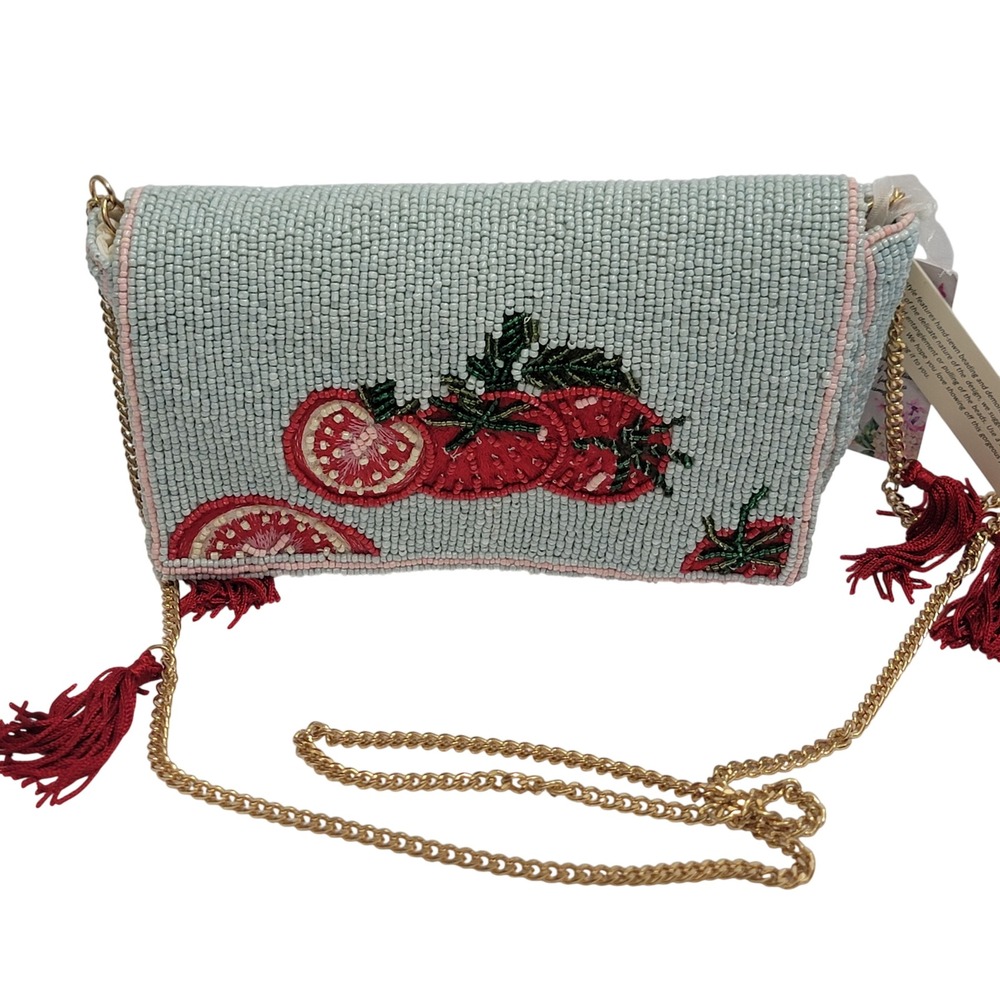 India Handcrafted Beaded Tomato Crossbody Bag Blue Red Tassel Gold Chain New
